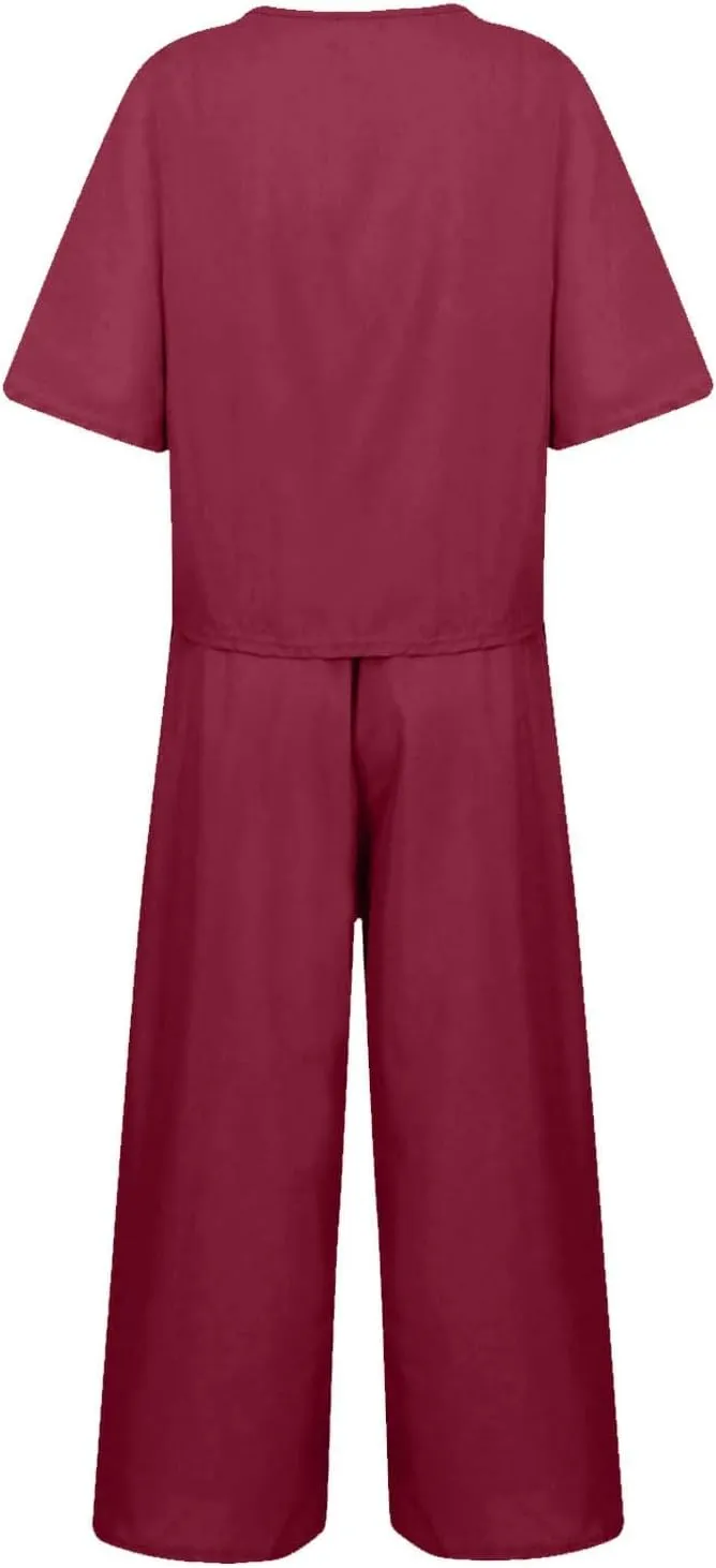 Women's Summer 2 Piece Outfits Linen Short Sleeve Top and Wide Leg Pants Lounge Matching Tracksuits Trendy Clothes