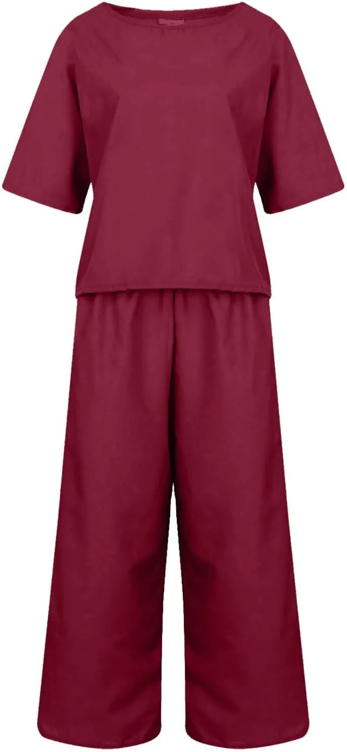 Women's Summer 2 Piece Outfits Linen Short Sleeve Top and Wide Leg Pants Lounge Matching Tracksuits Trendy Clothes