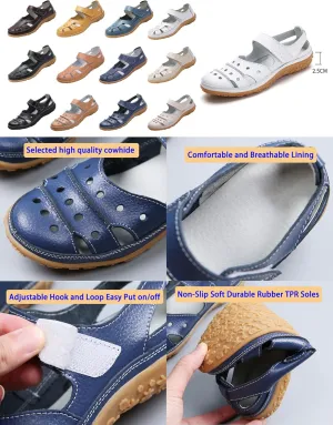 Women's Summer Casual Closed Toe Leather Sandals,Comfortable Soft Sole Ankle Strap Mary Jane Orthopedic Beach Shoes