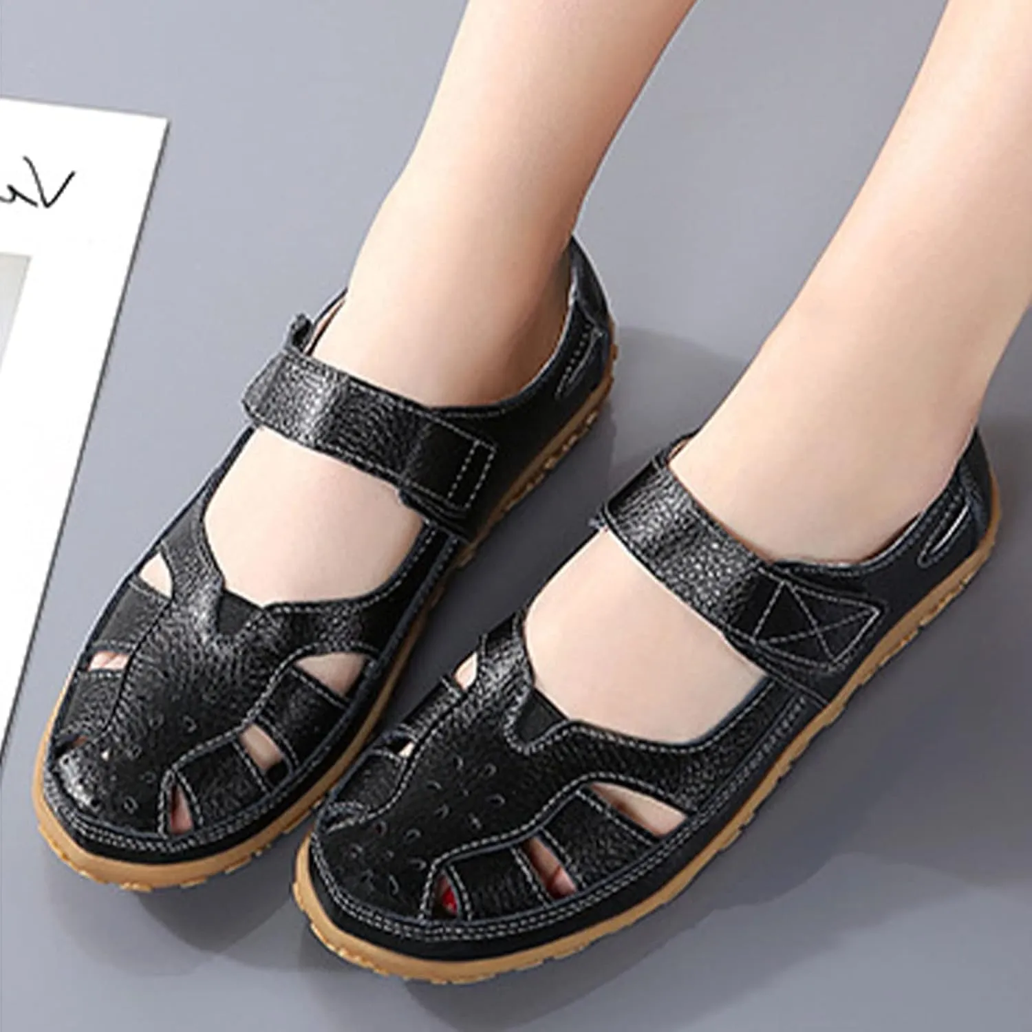 Women's Summer Casual Closed Toe Leather Sandals,Comfortable Soft Sole Ankle Strap Mary Jane Orthopedic Beach Shoes