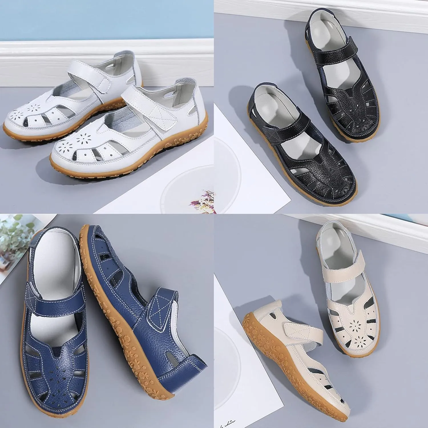 Women's Summer Casual Closed Toe Leather Sandals,Comfortable Soft Sole Ankle Strap Mary Jane Orthopedic Beach Shoes