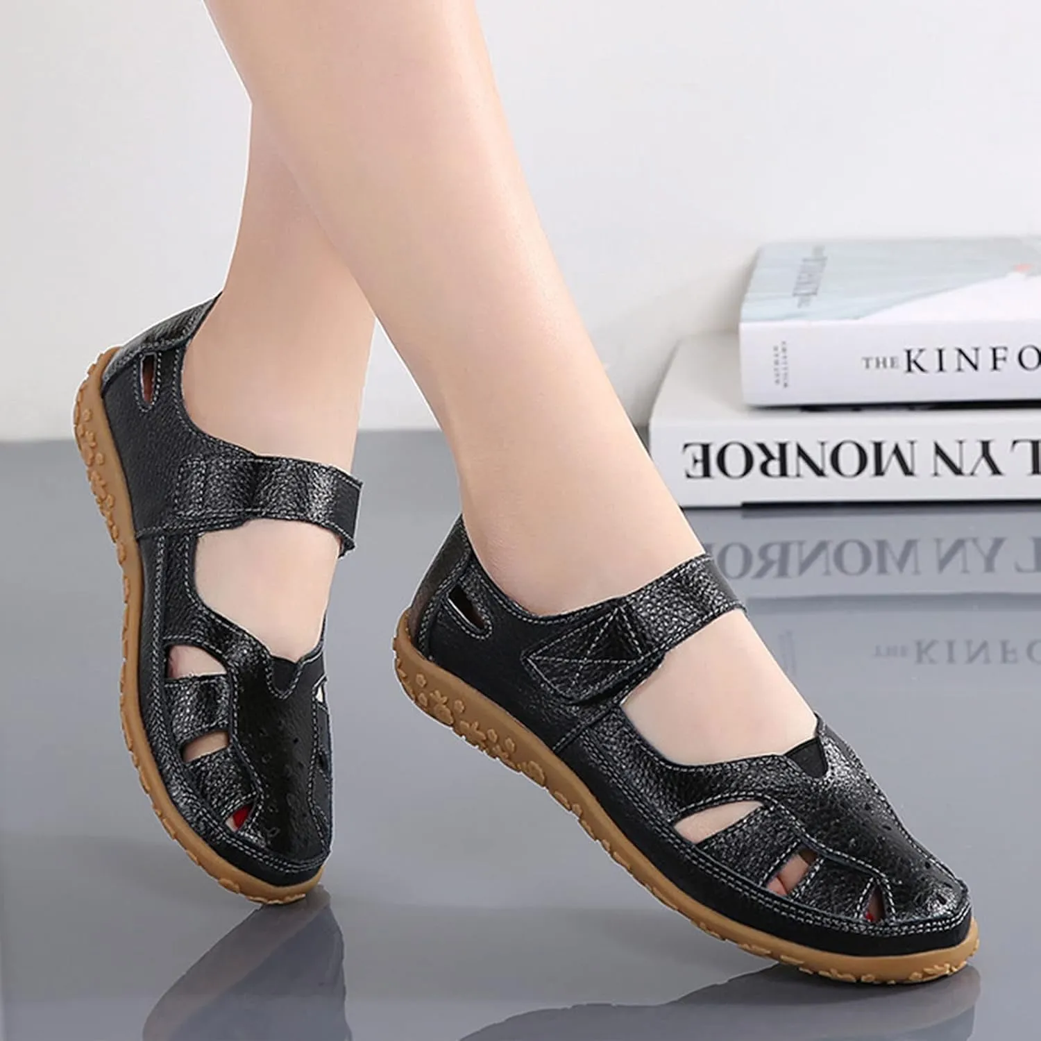 Women's Summer Casual Closed Toe Leather Sandals,Comfortable Soft Sole Ankle Strap Mary Jane Orthopedic Beach Shoes