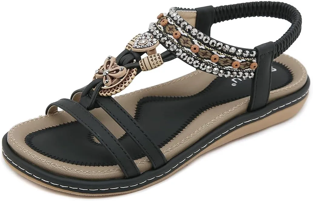 Womens Summer Flats Sandals Casual Summer Comfortable Ankle Elastic Jeweled Bohemian Flat Sandals
