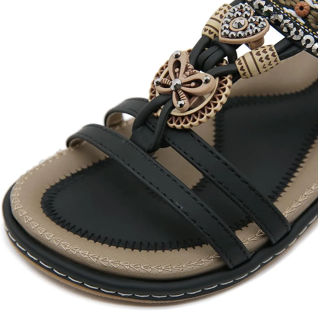 Womens Summer Flats Sandals Casual Summer Comfortable Ankle Elastic Jeweled Bohemian Flat Sandals