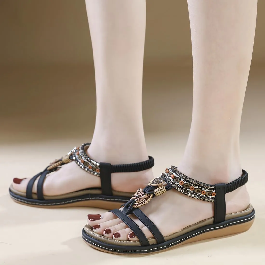 Womens Summer Flats Sandals Casual Summer Comfortable Ankle Elastic Jeweled Bohemian Flat Sandals