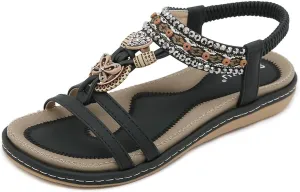 Womens Summer Flats Sandals Casual Summer Comfortable Ankle Elastic Jeweled Bohemian Flat Sandals