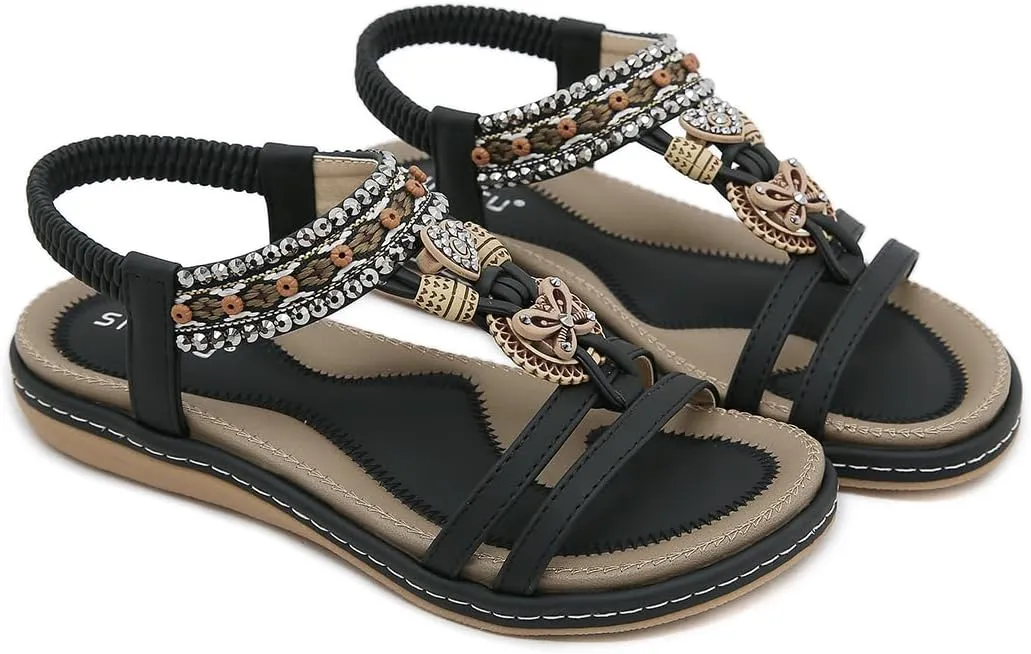 Womens Summer Flats Sandals Casual Summer Comfortable Ankle Elastic Jeweled Bohemian Flat Sandals