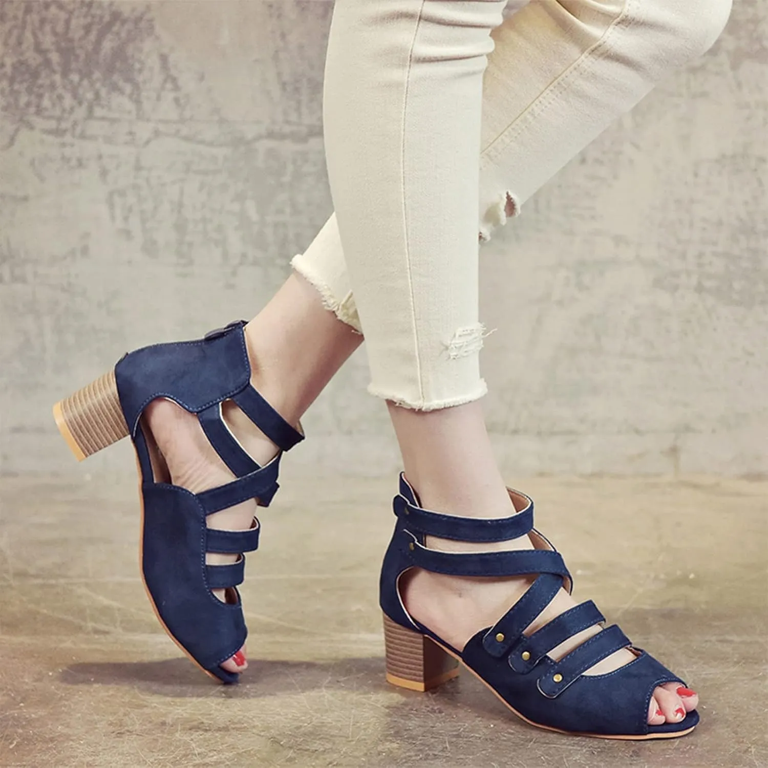 Women's Summer Hollow Shoes High Heels Side Zip Bow Fish Mouth Casual Sandals