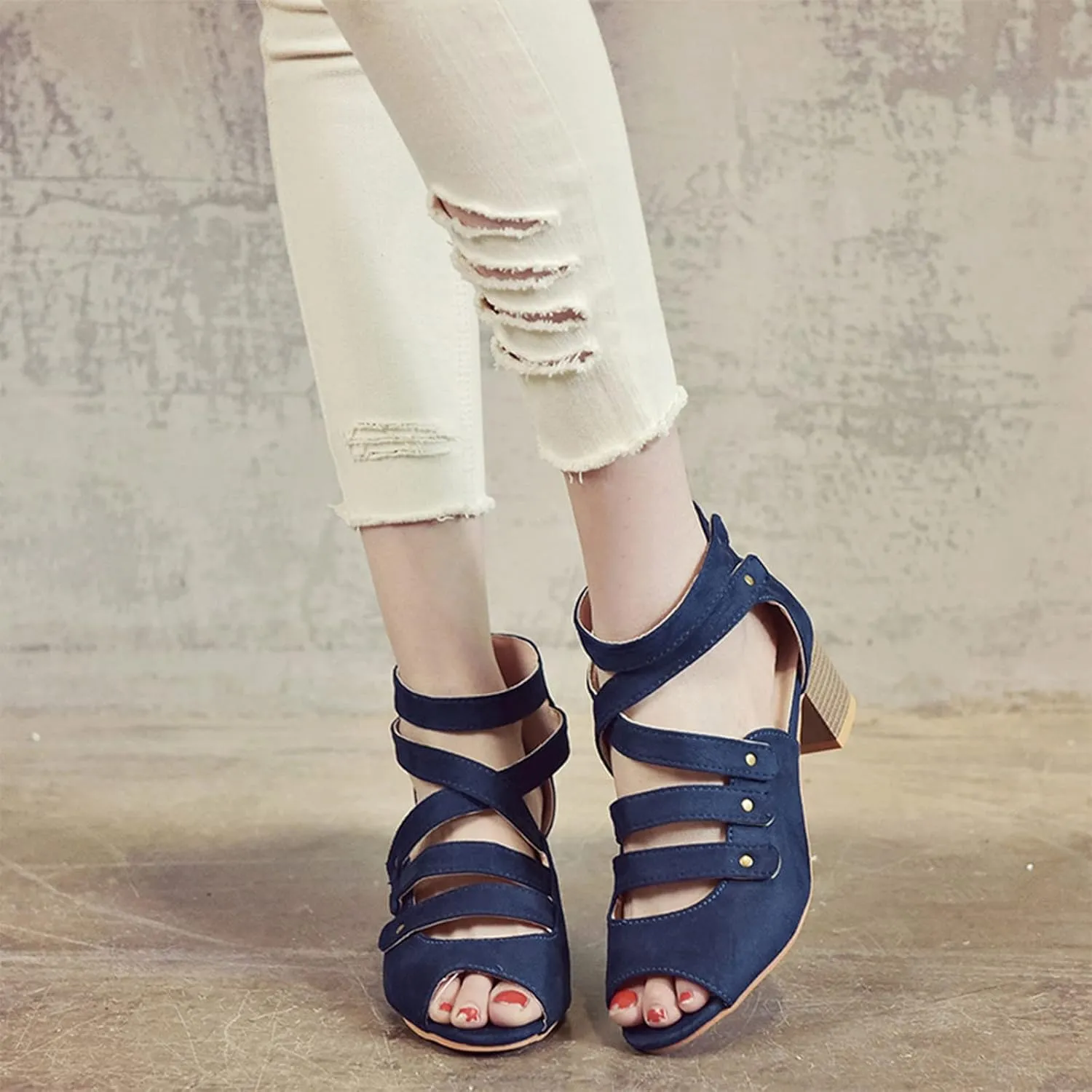 Women's Summer Hollow Shoes High Heels Side Zip Bow Fish Mouth Casual Sandals