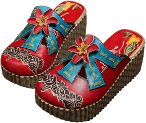 Women's Summer Leather Slipper Colorful Vintage Flower Sandals Boho Comfort Platform Wedges Spring Slip-On Backless Clogs Slides