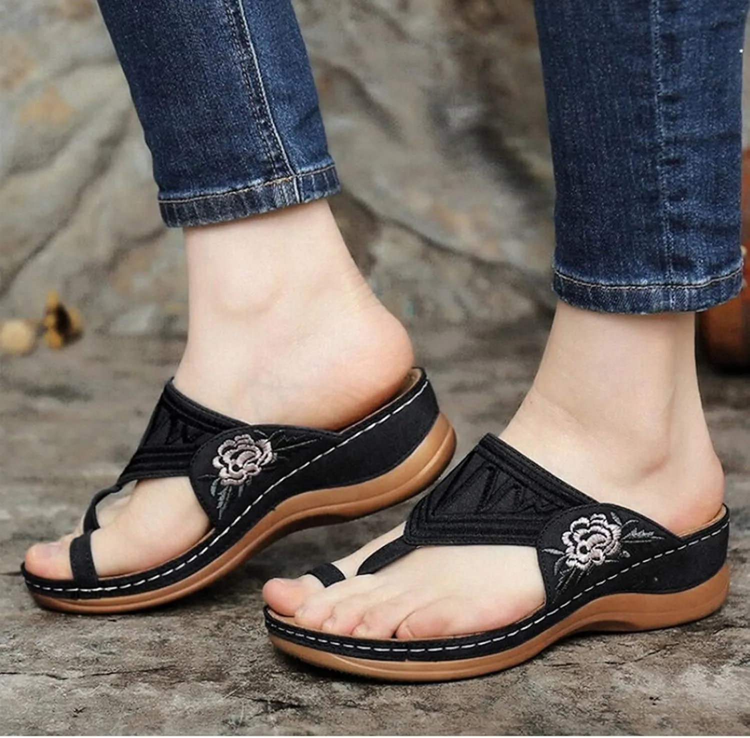 Women's Summer Series Flower Platform Sandals Casual Summer Open Toe Flip Flops Flower Embroidery Wedges Shoes Orthopedic Sandals,Brown,US8/EU40