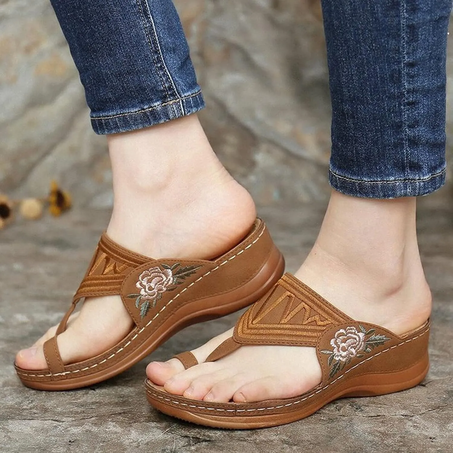 Women's Summer Series Flower Platform Sandals Casual Summer Open Toe Flip Flops Flower Embroidery Wedges Shoes Orthopedic Sandals,Brown,US8/EU40