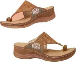 Women's Summer Series Flower Platform Sandals Casual Summer Open Toe Flip Flops Flower Embroidery Wedges Shoes Orthopedic Sandals,Brown,US8/EU40