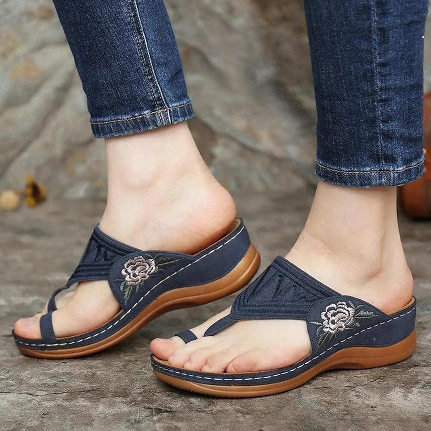 Women's Summer Series Flower Platform Sandals Casual Summer Open Toe Flip Flops Flower Embroidery Wedges Shoes Orthopedic Sandals,Brown,US8/EU40
