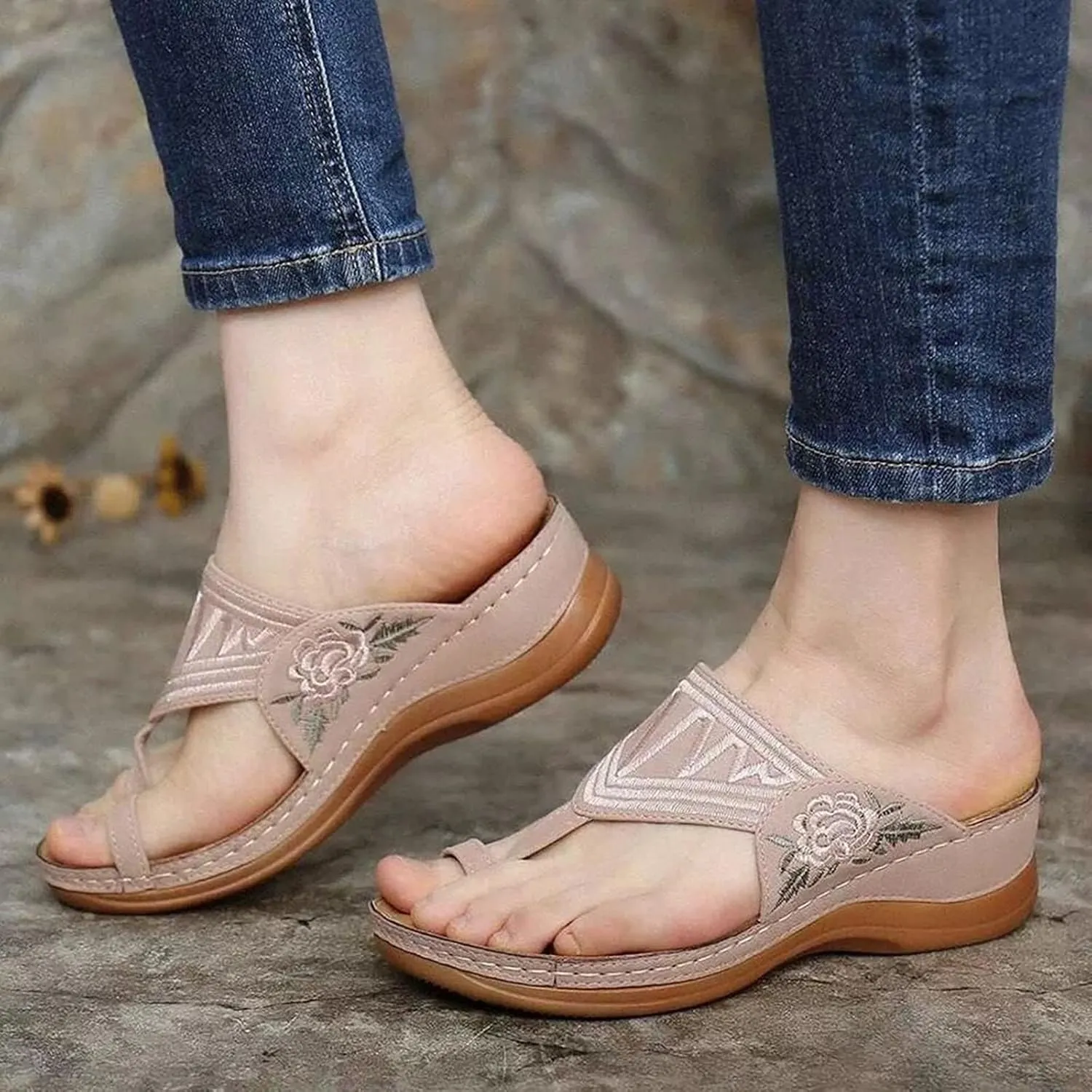 Women's Summer Series Flower Platform Sandals Casual Summer Open Toe Flip Flops Flower Embroidery Wedges Shoes Orthopedic Sandals,Brown,US8/EU40
