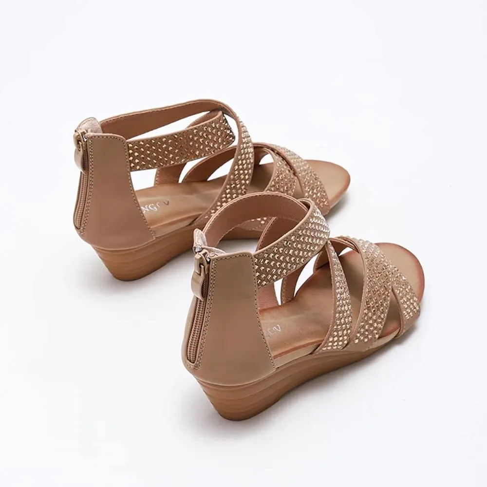 Women's Summer Wedge Sandals Gladiator Rhinestone High Heel Breathable Beach Sandals Roman Open Toe Casual Dress Sandals