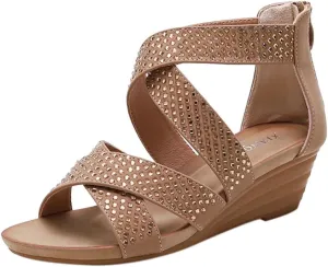 Women's Summer Wedge Sandals Gladiator Rhinestone High Heel Breathable Beach Sandals Roman Open Toe Casual Dress Sandals