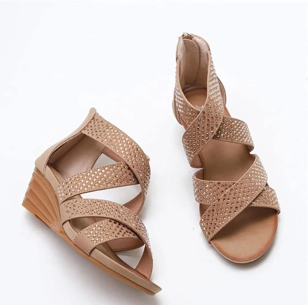 Women's Summer Wedge Sandals Gladiator Rhinestone High Heel Breathable Beach Sandals Roman Open Toe Casual Dress Sandals
