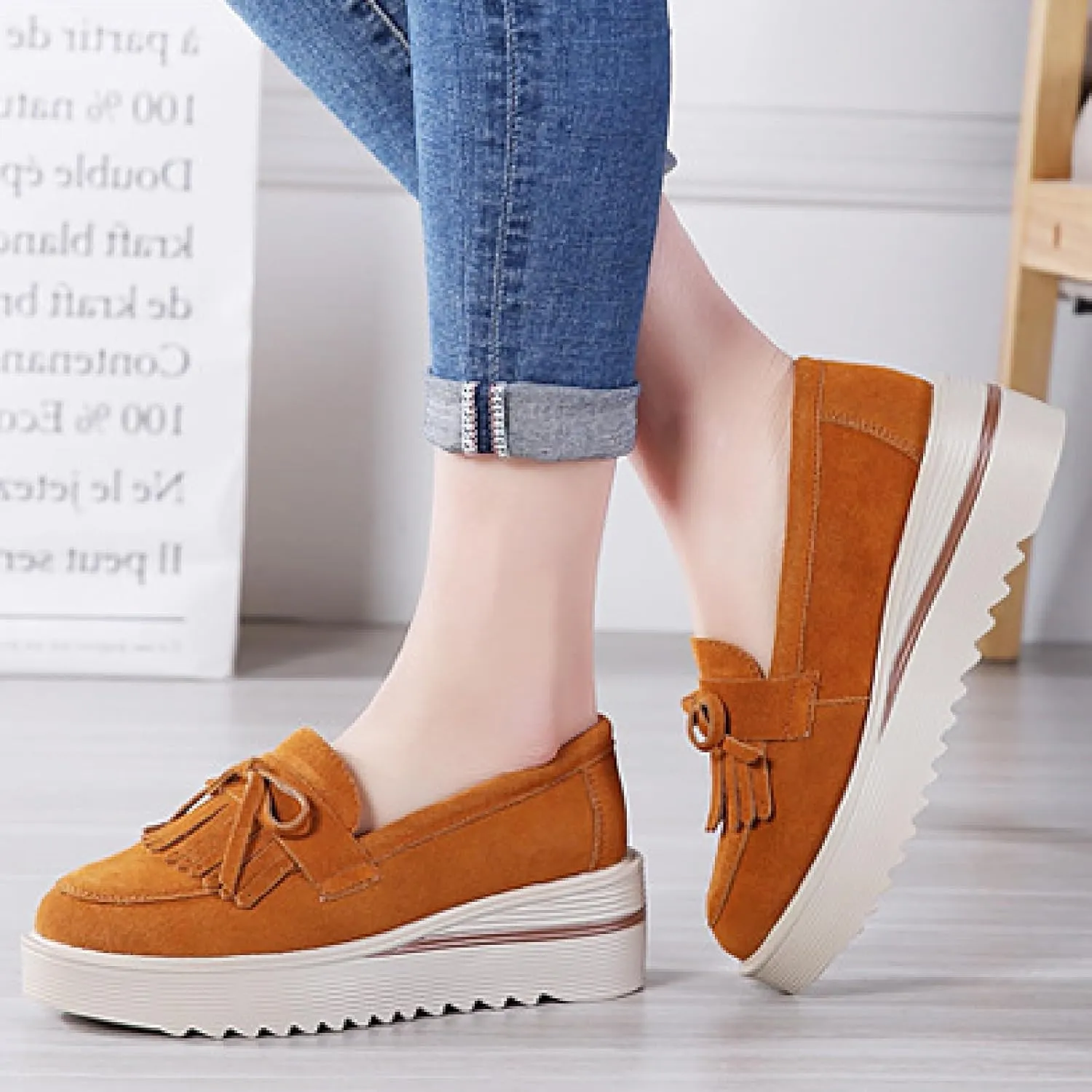Women's Tassel Suede Platform Loafers Fashion Bow Comfortable Round Toe Slip On Anti-Slip Wedge Walking Shoes for Daily Driving Work Casual Shoes