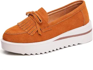 Women's Tassel Suede Platform Loafers Fashion Bow Comfortable Round Toe Slip On Anti-Slip Wedge Walking Shoes for Daily Driving Work Casual Shoes