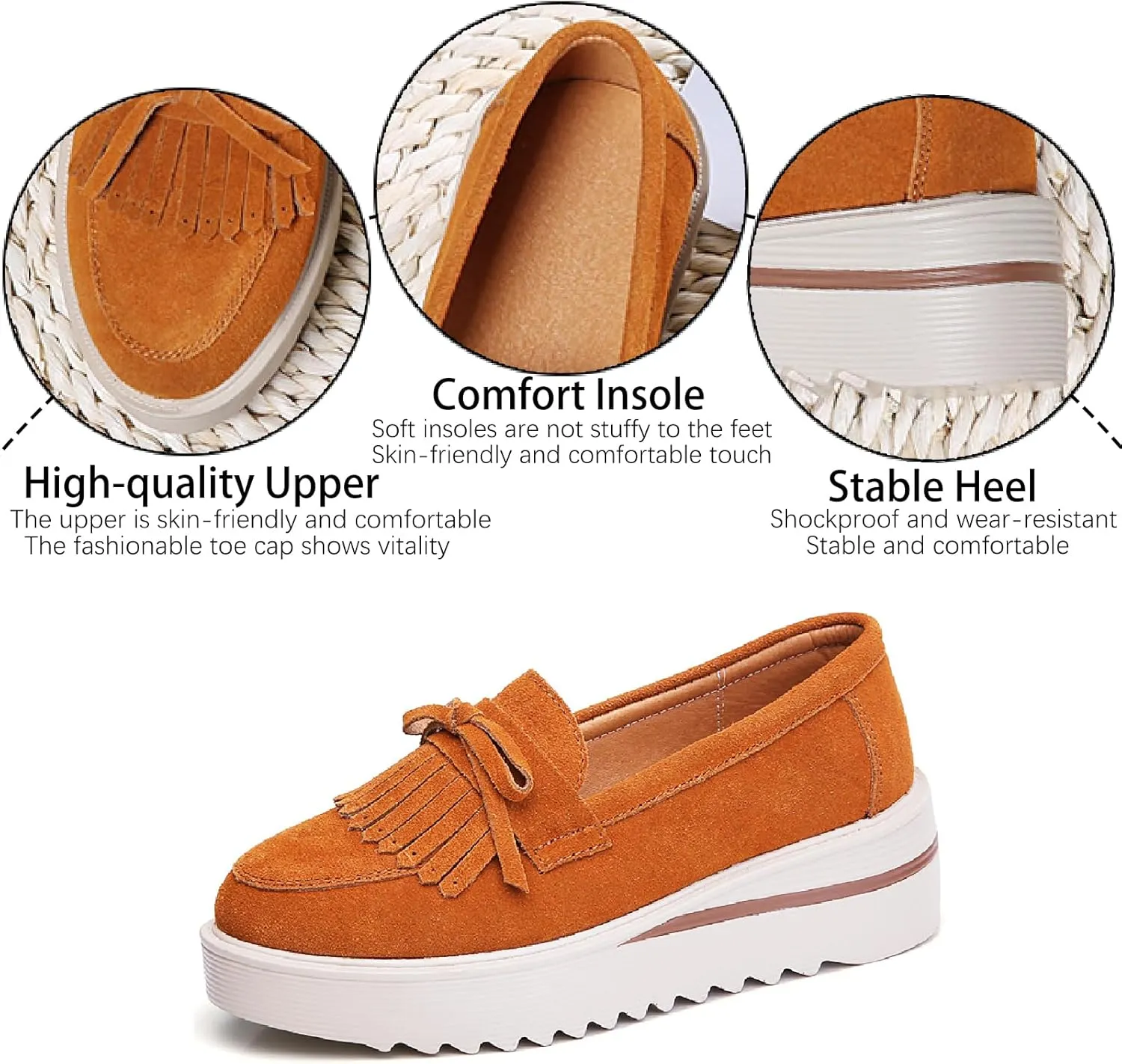Women's Tassel Suede Platform Loafers Fashion Bow Comfortable Round Toe Slip On Anti-Slip Wedge Walking Shoes for Daily Driving Work Casual Shoes