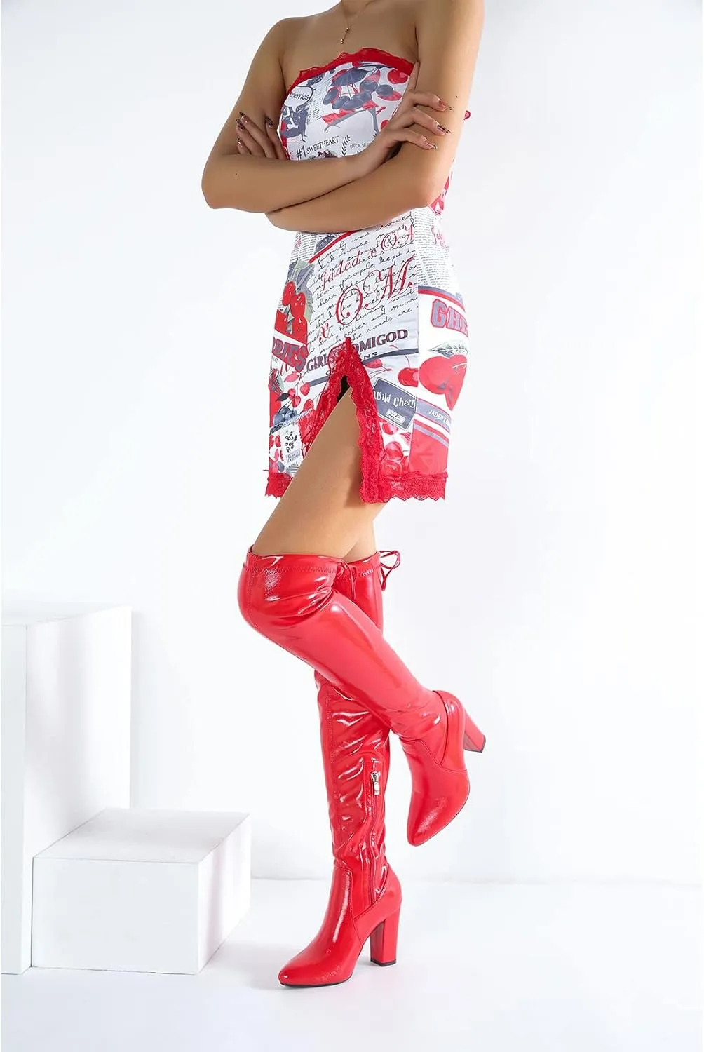 Women's Thigh High Boots Over The Knee Boot Sexy Pointed Toe Chunky Heels Boots Zipper Lace Up Long Boots