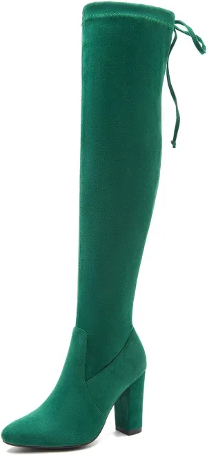 Women's Thigh High Boots Over The Knee Boot Sexy Pointed Toe Chunky Heels Boots Zipper Lace Up Long Boots