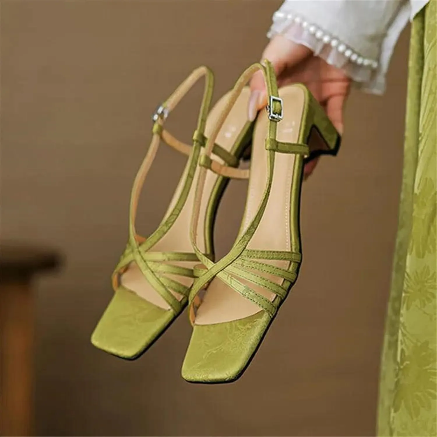 Women's Vintage Silk Beach Sandals, Narrow Strap Square High Heels Summer Chic Fashion Pink Work Pumps