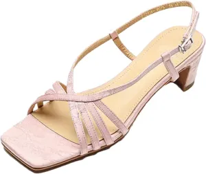 Women's Vintage Silk Beach Sandals, Narrow Strap Square High Heels Summer Chic Fashion Pink Work Pumps