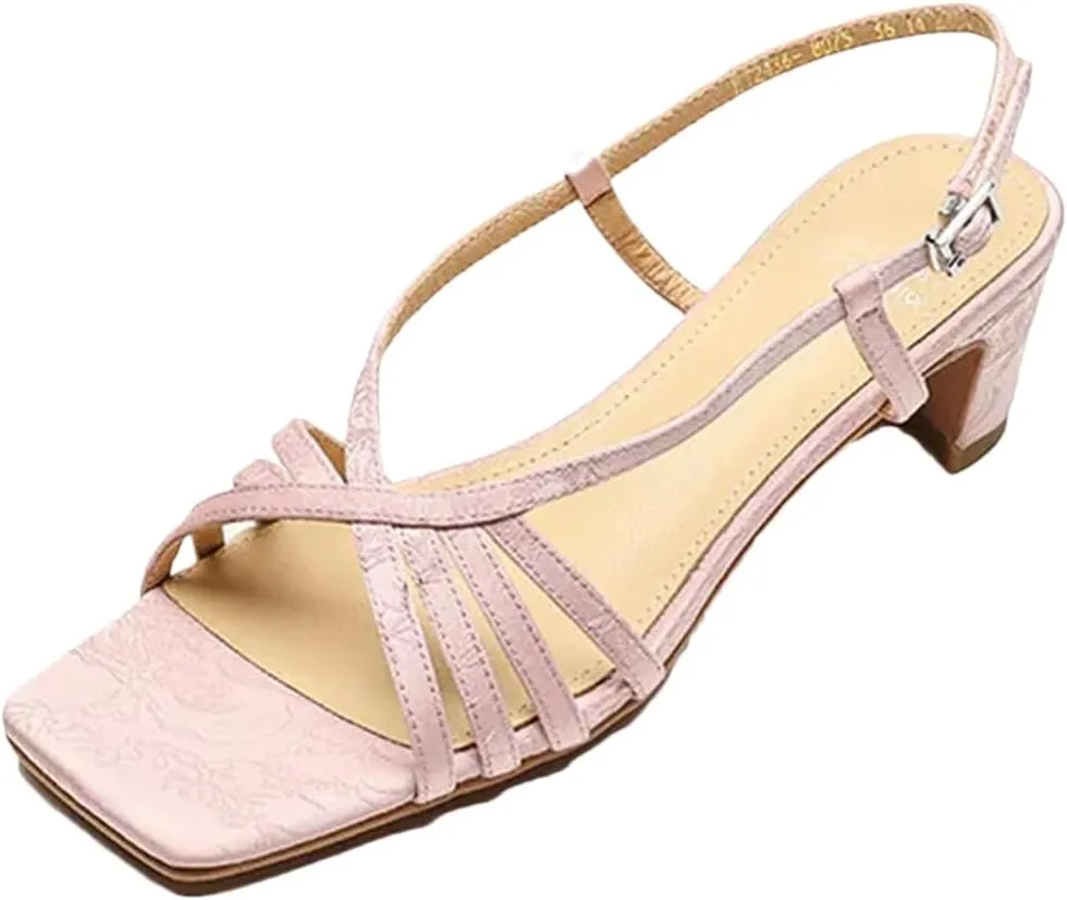Women's Vintage Silk Beach Sandals, Narrow Strap Square High Heels Summer Chic Fashion Pink Work Pumps