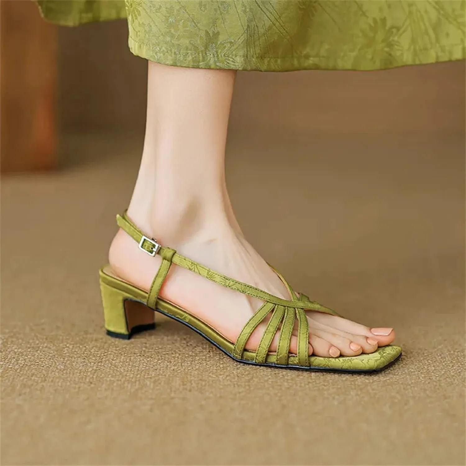 Women's Vintage Silk Beach Sandals, Narrow Strap Square High Heels Summer Chic Fashion Pink Work Pumps