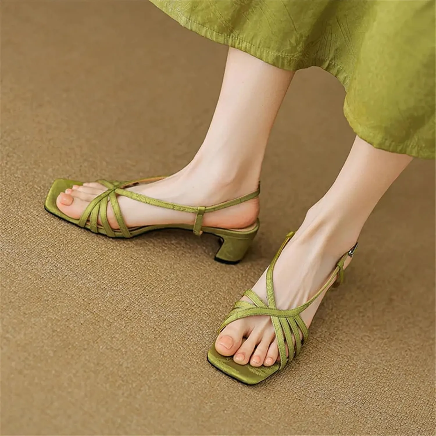 Women's Vintage Silk Beach Sandals, Narrow Strap Square High Heels Summer Chic Fashion Pink Work Pumps