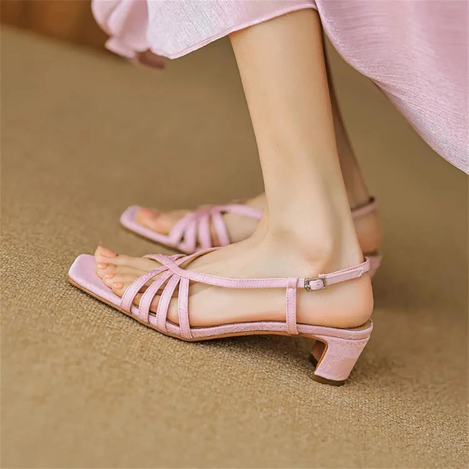 Women's Vintage Silk Beach Sandals, Narrow Strap Square High Heels Summer Chic Fashion Pink Work Pumps