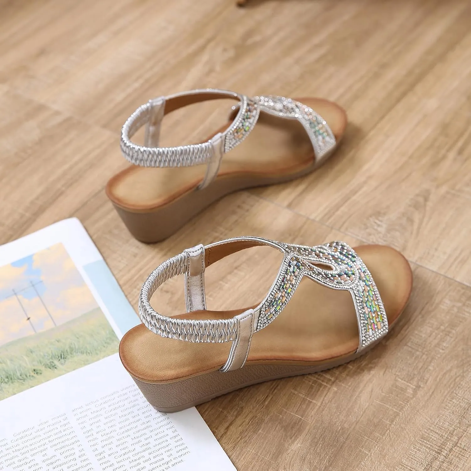 Womens Wedge Sandals, Comfortable Summer Open Toe Sparkly Rhinestone Shoes for Party, Wedding, and Fashion Dress