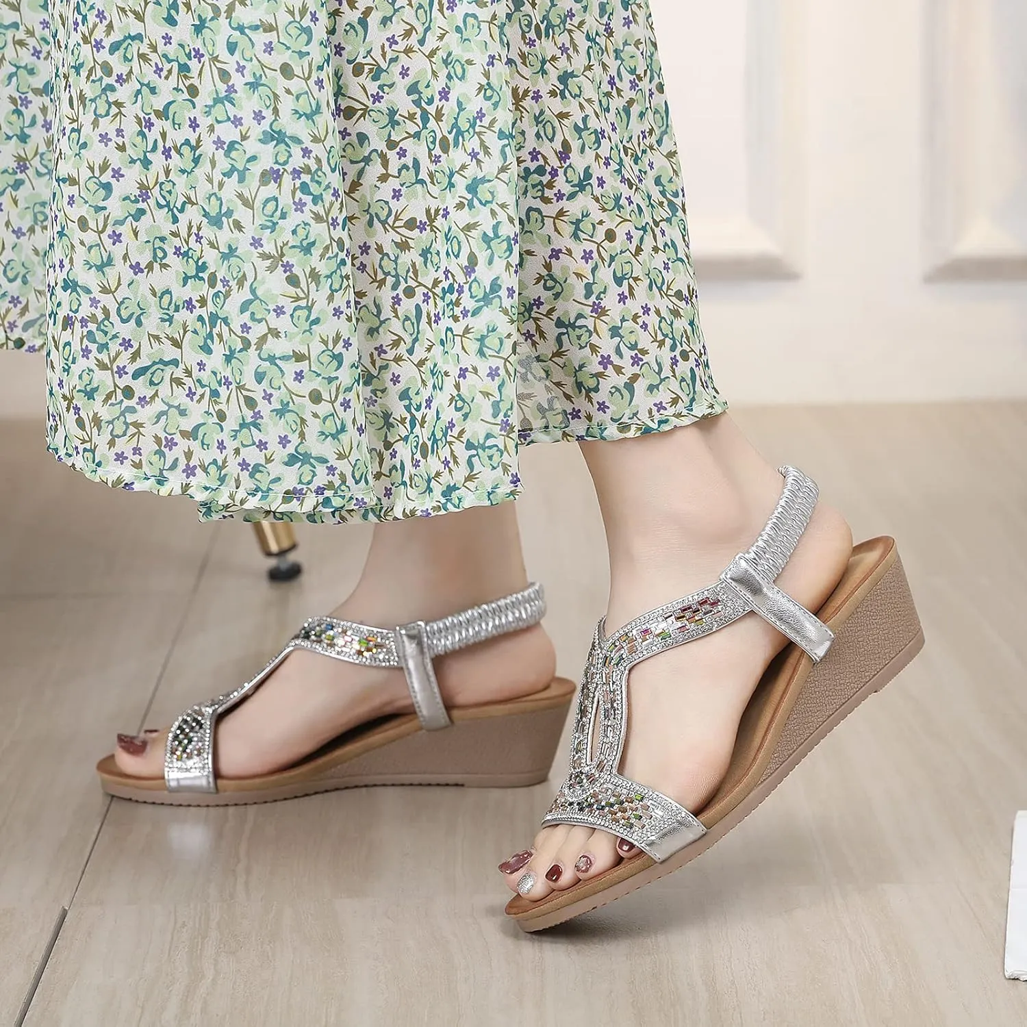 Womens Wedge Sandals, Comfortable Summer Open Toe Sparkly Rhinestone Shoes for Party, Wedding, and Fashion Dress