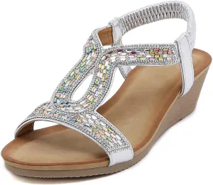Womens Wedge Sandals, Comfortable Summer Open Toe Sparkly Rhinestone Shoes for Party, Wedding, and Fashion Dress