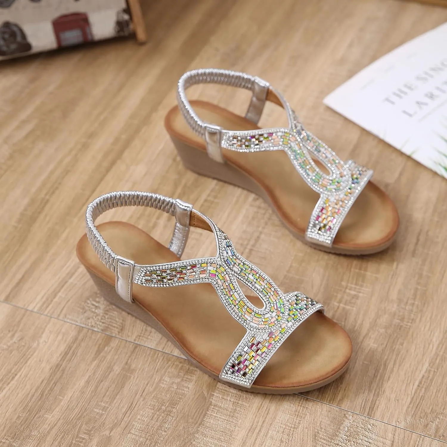Womens Wedge Sandals, Comfortable Summer Open Toe Sparkly Rhinestone Shoes for Party, Wedding, and Fashion Dress
