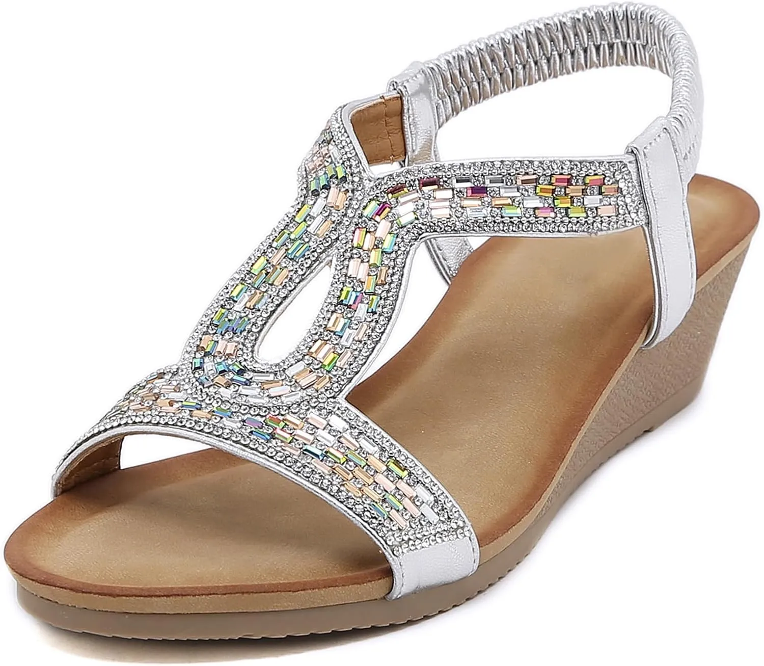 Womens Wedge Sandals, Comfortable Summer Open Toe Sparkly Rhinestone Shoes for Party, Wedding, and Fashion Dress