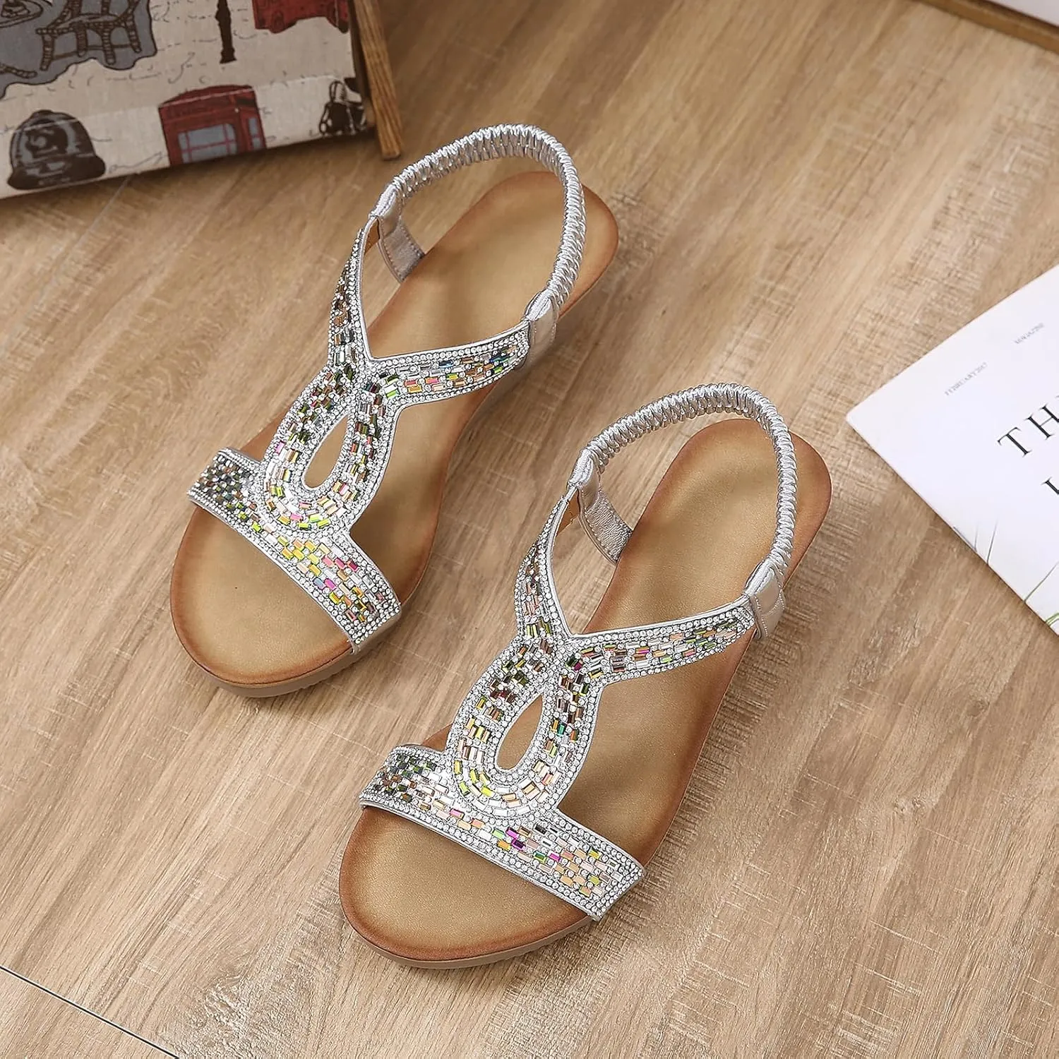 Womens Wedge Sandals, Comfortable Summer Open Toe Sparkly Rhinestone Shoes for Party, Wedding, and Fashion Dress