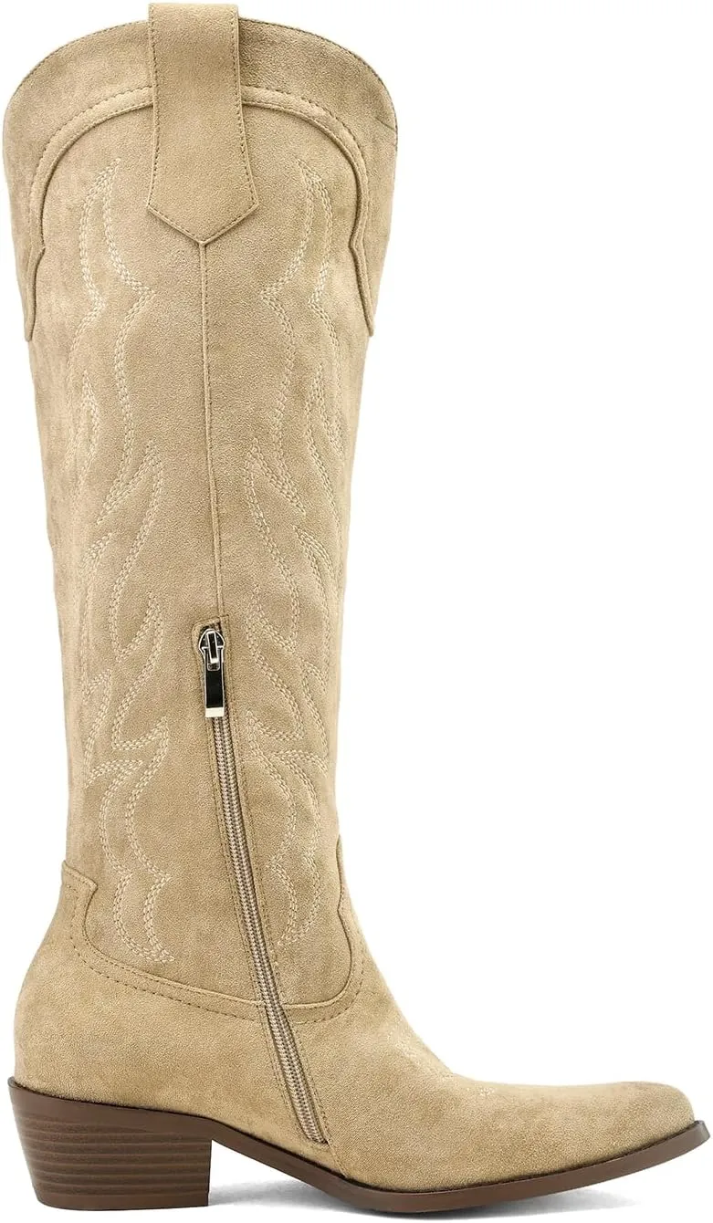 Women's Western Cowboy Boots Knee High - Embroidered Pointed Toe Chunky Heel Equestrian boots for Riding, Country Fashion (Black, Wide Calf)