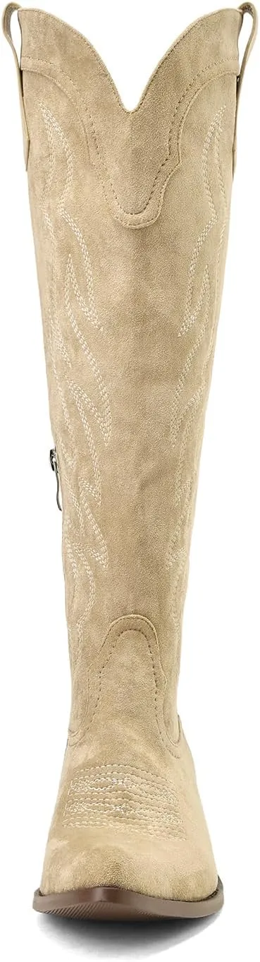 Women's Western Cowboy Boots Knee High - Embroidered Pointed Toe Chunky Heel Equestrian boots for Riding, Country Fashion (Black, Wide Calf)