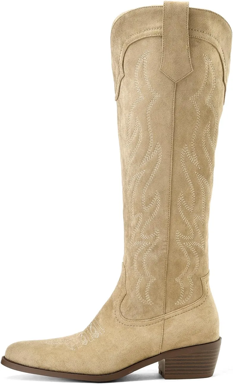 Women's Western Cowboy Boots Knee High - Embroidered Pointed Toe Chunky Heel Equestrian boots for Riding, Country Fashion (Black, Wide Calf)