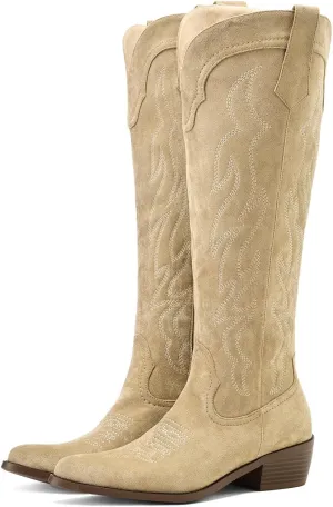Women's Western Cowboy Boots Knee High - Embroidered Pointed Toe Chunky Heel Equestrian boots for Riding, Country Fashion (Black, Wide Calf)
