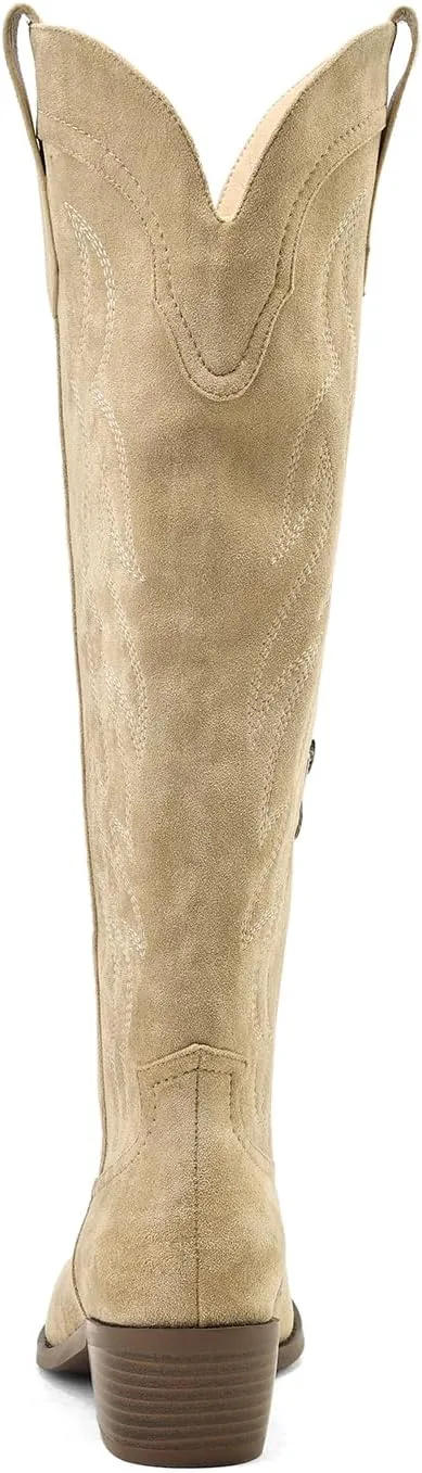 Women's Western Cowboy Boots Knee High - Embroidered Pointed Toe Chunky Heel Equestrian boots for Riding, Country Fashion (Black, Wide Calf)