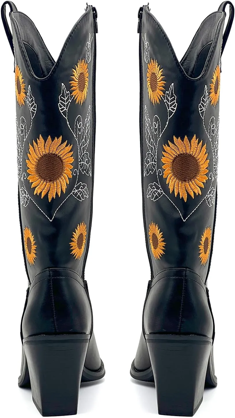 Women's Western Cowboy Boots Mid Calf Cowgirl Boots Chunky Heel Zipper Square Toe Embroidered Sunflower Fashion Boots