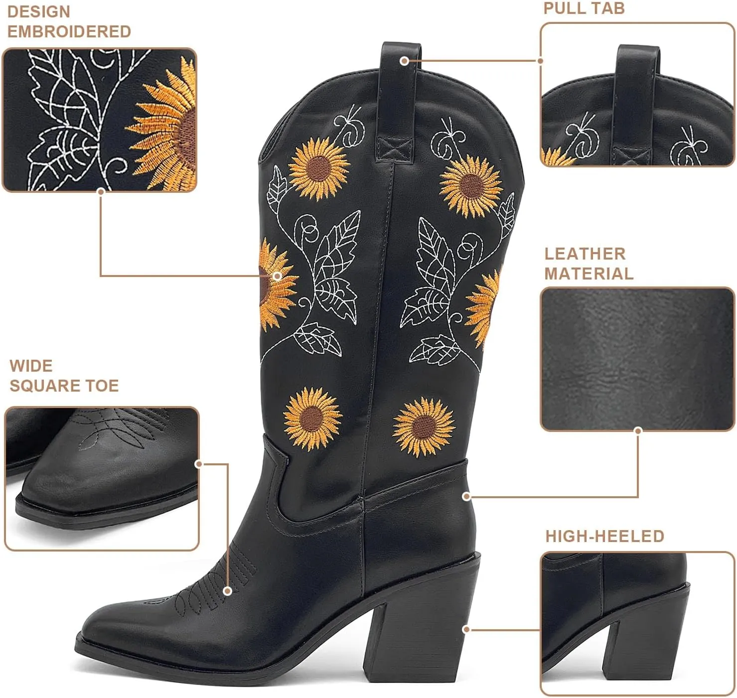 Women's Western Cowboy Boots Mid Calf Cowgirl Boots Chunky Heel Zipper Square Toe Embroidered Sunflower Fashion Boots