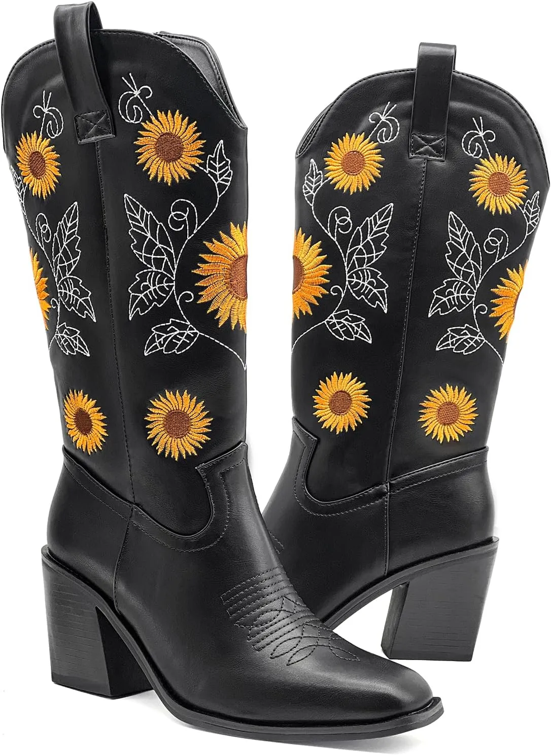 Women's Western Cowboy Boots Mid Calf Cowgirl Boots Chunky Heel Zipper Square Toe Embroidered Sunflower Fashion Boots