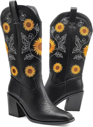 Women's Western Cowboy Boots Mid Calf Cowgirl Boots Chunky Heel Zipper Square Toe Embroidered Sunflower Fashion Boots