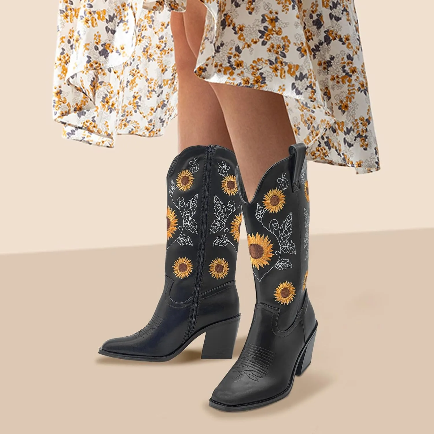 Women's Western Cowboy Boots Mid Calf Cowgirl Boots Chunky Heel Zipper Square Toe Embroidered Sunflower Fashion Boots