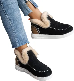 Women's Winter Snow Boots, Outdoor Cotton Flat Shoes Ankle Boots, Winter Warm Lightweight Non-Slip Suede Lined(Black,10)